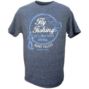 navy heather short sleeve t-shirt with Fly Fishing It's the reel thing. Happy Valley Pennsylvania